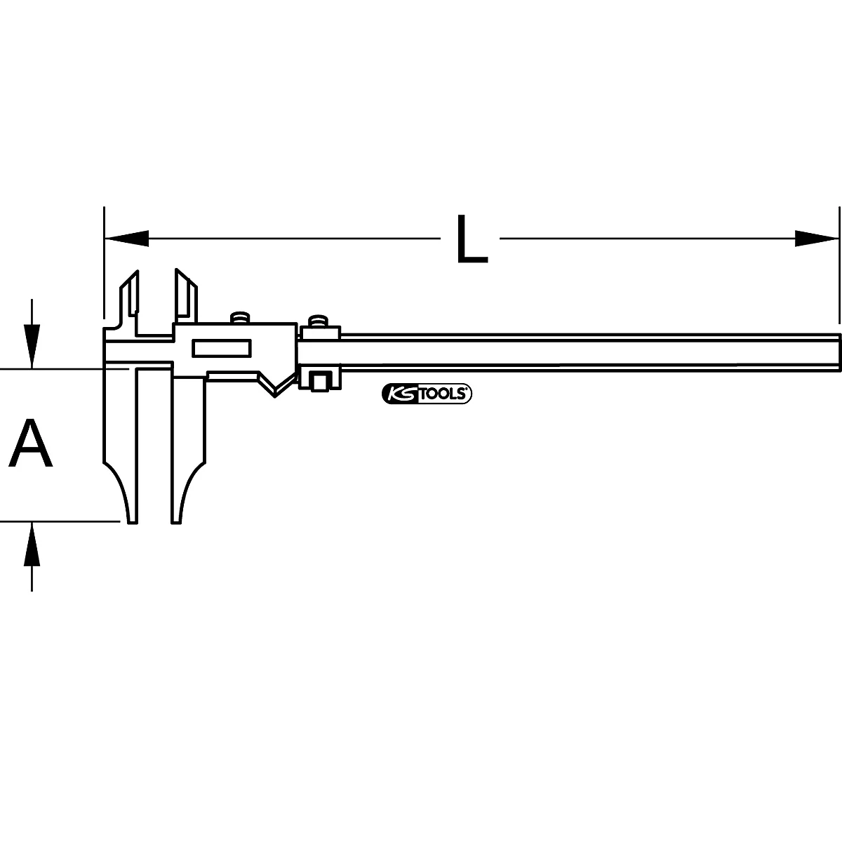 Ein Strich-Diagramm eines Messschiebers mit den Bezeichnungen A und L sowie dem Logo von KS TOOLS.